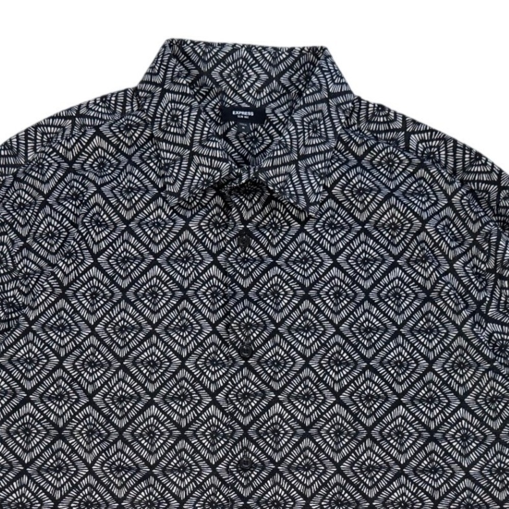 Express Slim 1MX Men's XL Black White Geometric Diamond Print Long Sleeve Shirt